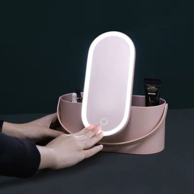 Makeup Organizer Case Touch Light Mirror Portable Travel Makeup Cosmetics Organizer 
